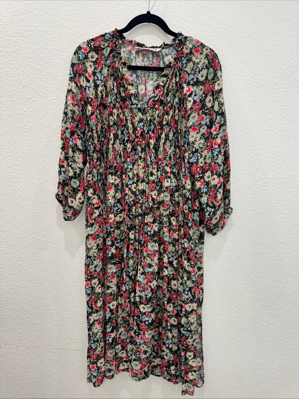 Zara Floral Smocked Midi Dress Womens Medium Black Boho 3/4 Length Sleeve Flowy